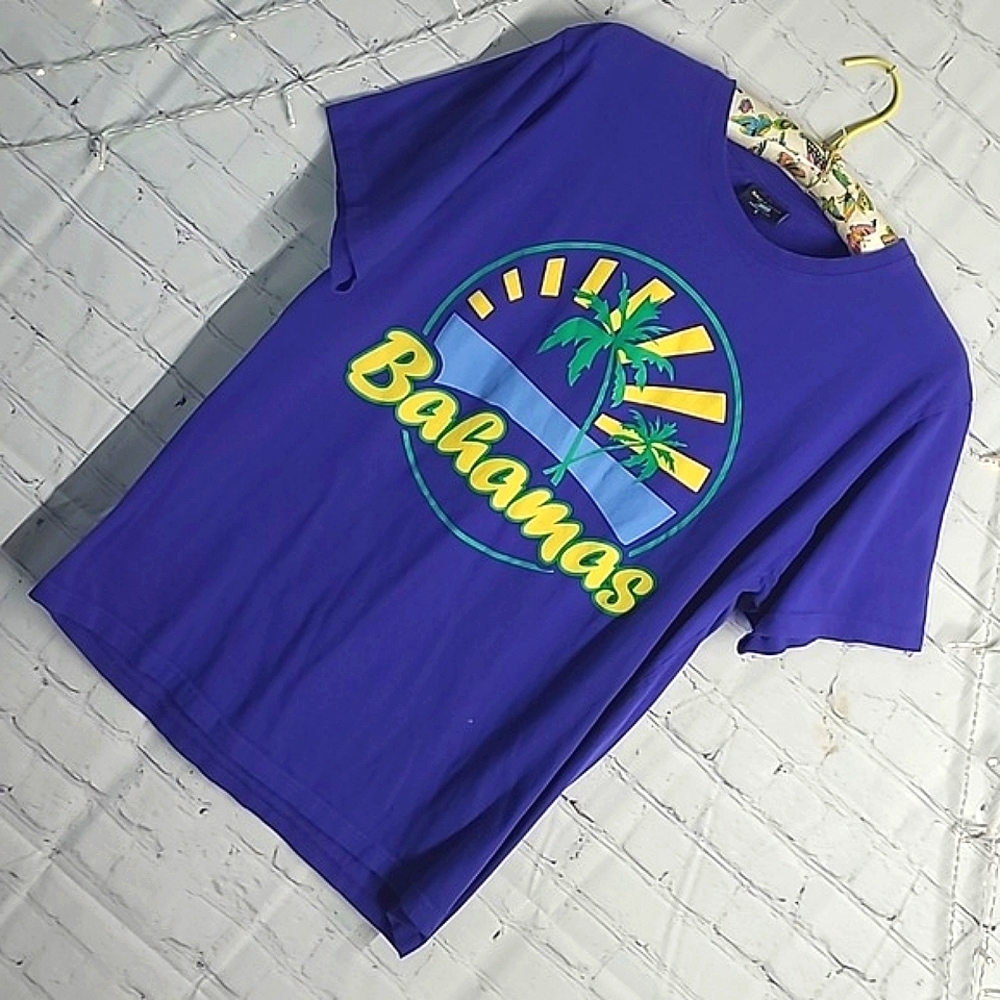 Vintage 90s Bahamas Rising Sun Beach Tropical Graphic Print Navy Blue Tee Mens L - Picture 3 of 15